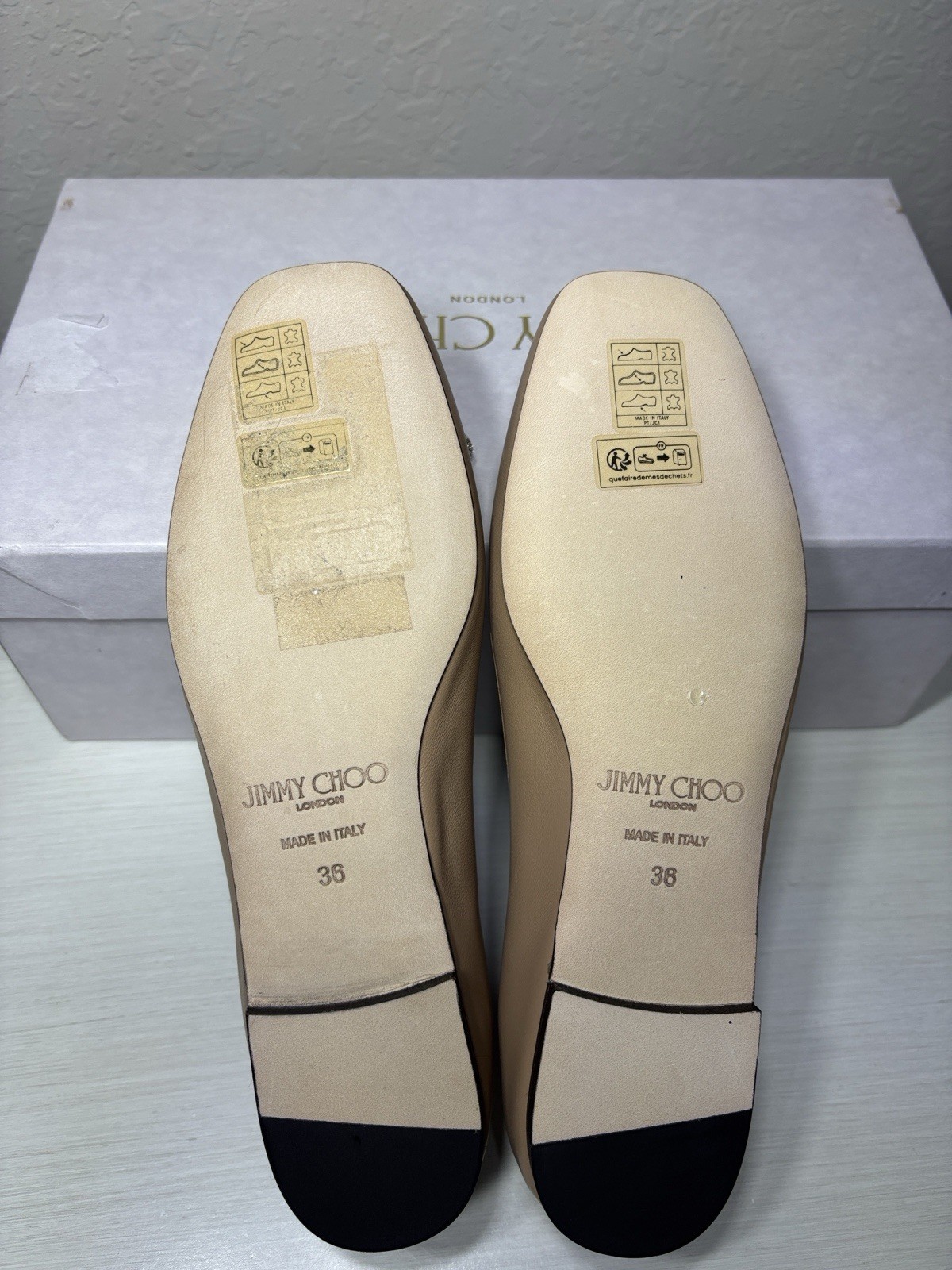 Jimmy Choo “Elme” Biscuit Nappa Leather Pearl Crystal Bow Ballet Flats 36 NIB