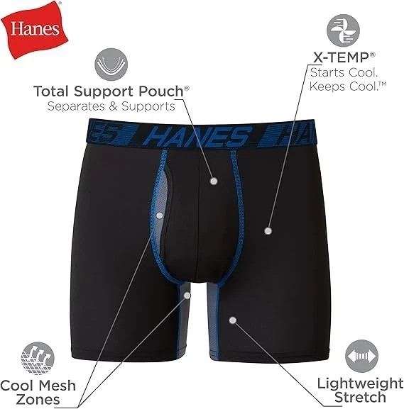 3 Pack Hanes Men’s Moves X-Temp Boxer Briefs Total Support Pouch 6″ Inseam New