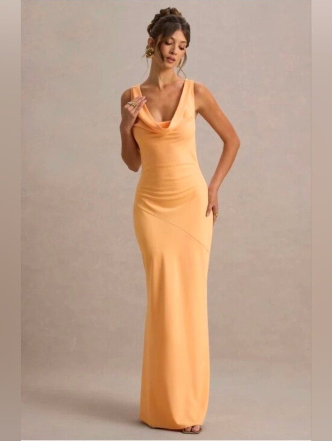 Women’s Peach Jersey Stretch Cowl Neck Strappy Sleeveless Maxi Formal Dress S