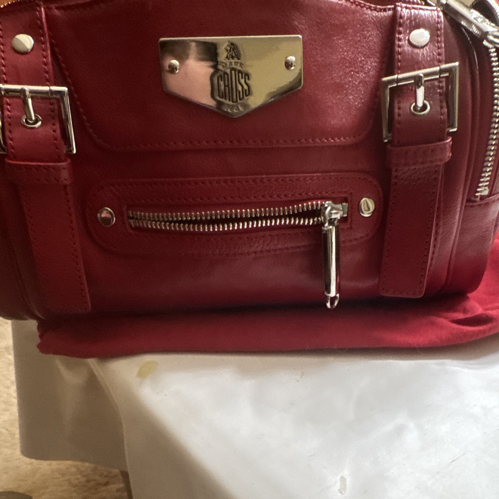 Mark Cross Women’s Red Handbag with Zipper, Buckle Accent, Dust Bag