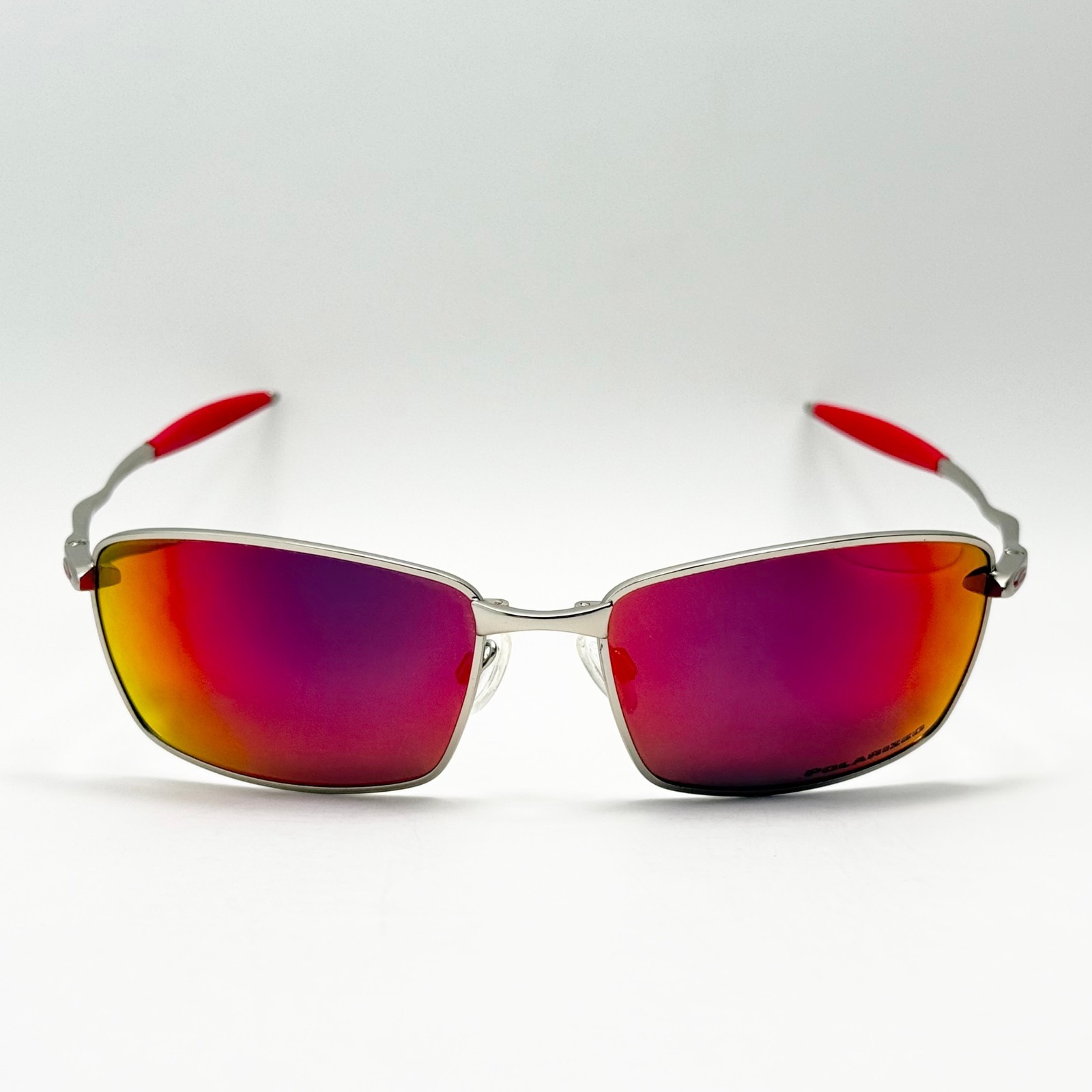 Oakley Whisker Sunglasses Silver Frame Ruby Lens Red Temple Metal Men