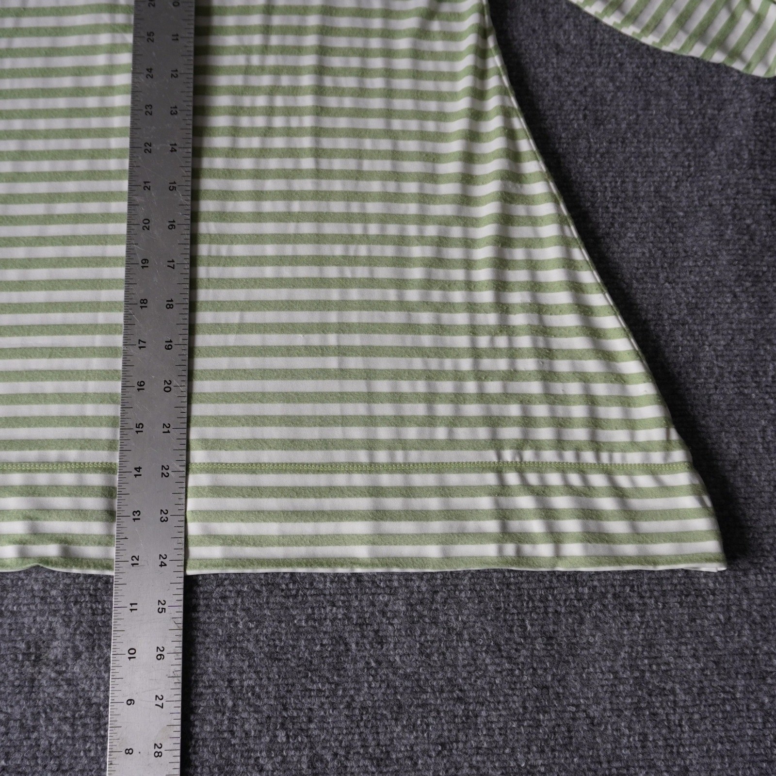 Max Edition Striped V Neck Tunic Top Womens Small Green White Ruched Sleeve