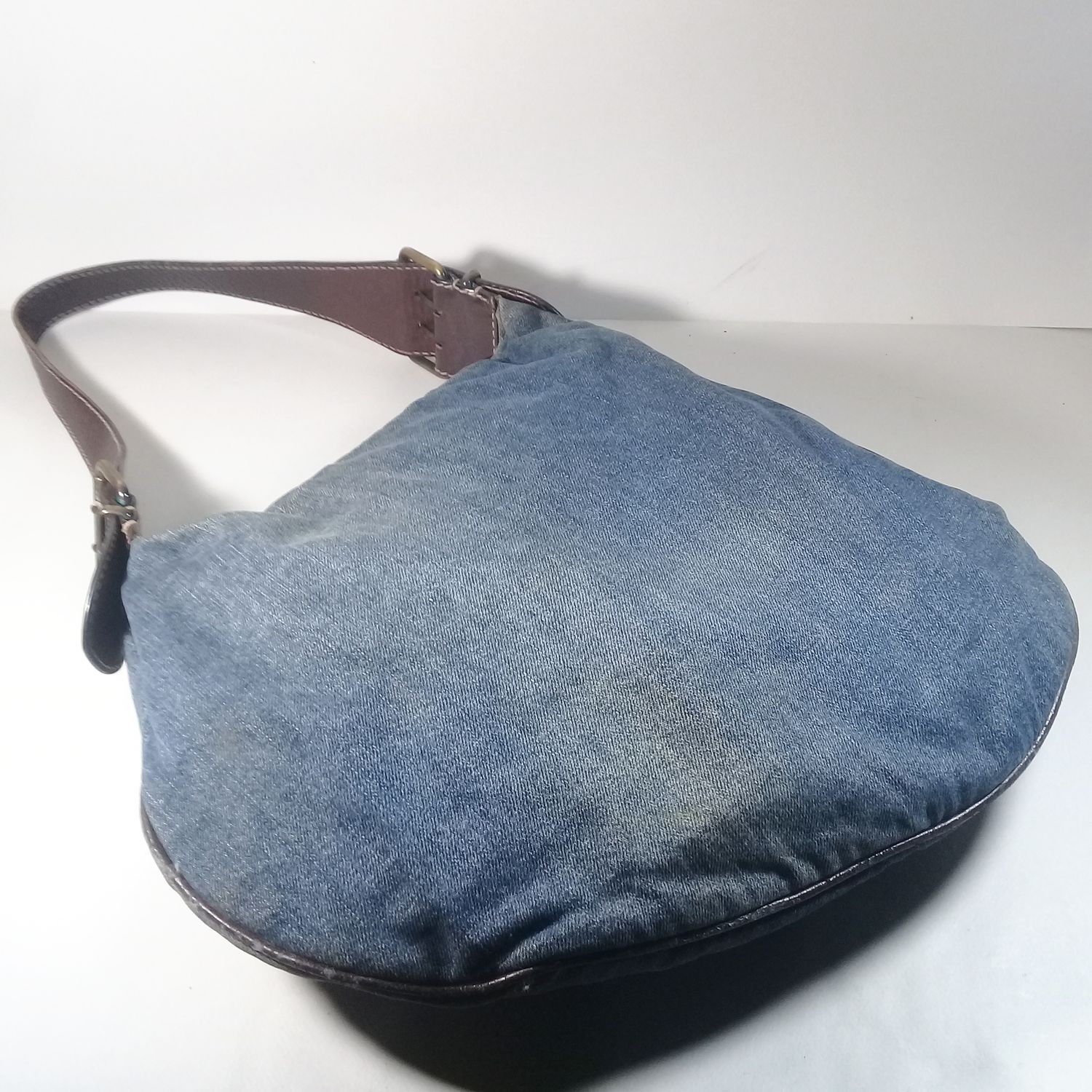 Vintage Fendi Denim Oyster Bag 2002 Asymmetrical Hobo Brown Leather Trim