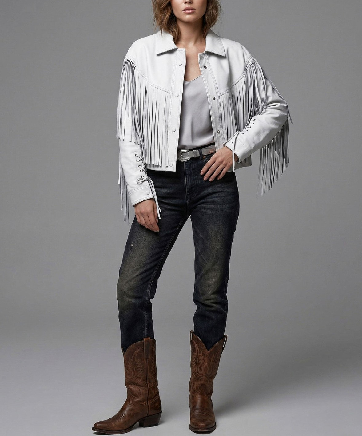 Women White Real Leather Jacket Western Fringe Tassel Boho Cowgirl Festival Coat