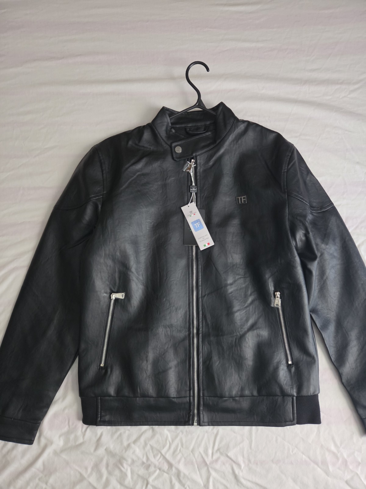 TF Men’s Black Leather Biker Jacket M Regular Full Zip Band Collar Pockets