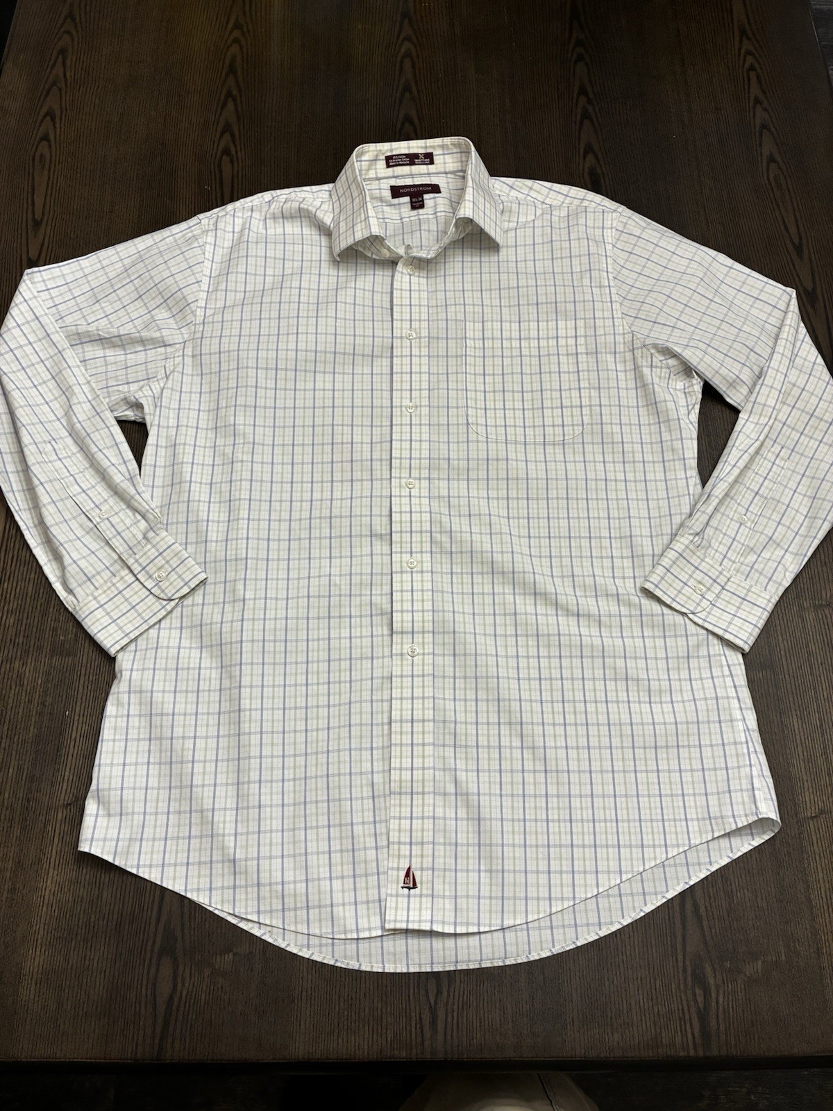 Nordstrom Men’s Tailored Fit Shirt 16 1/2 X 34 Long Sleeve Blue Green Plaid