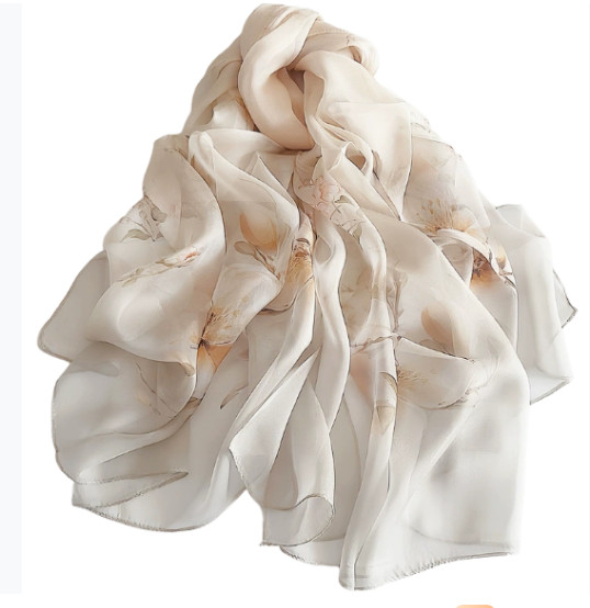 100% Silk large Scarf Women neckerchief Shawl Wrap floral beige yellow HD118-59