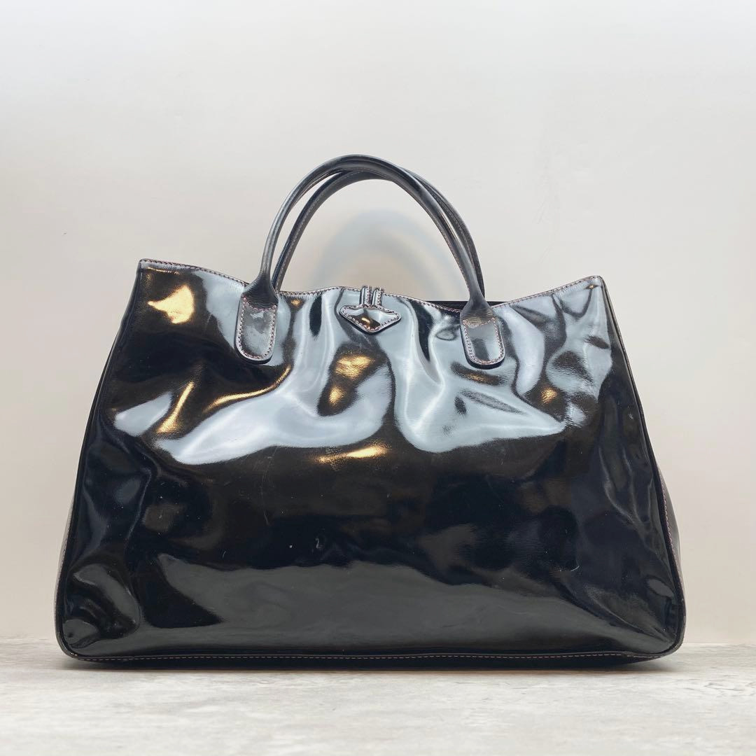 Longchamp Roseau Tote Bag Black Patent Leather A4 Documents Work 13.7in Auth
