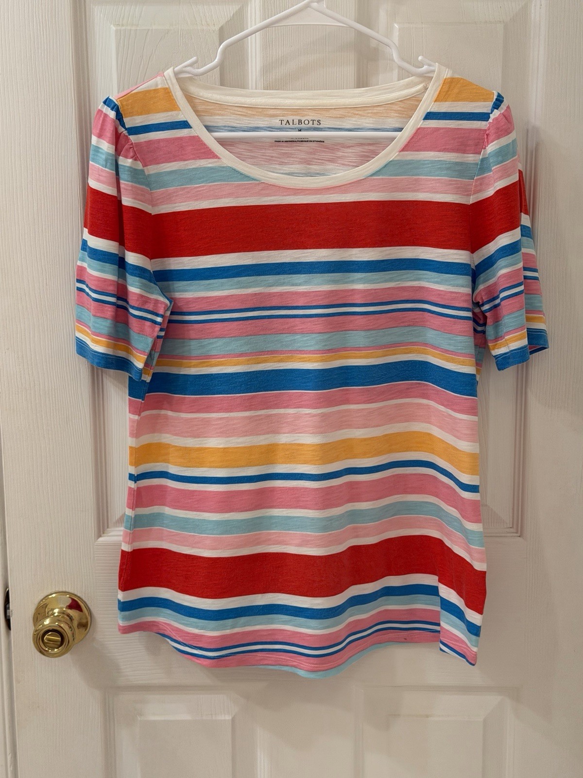 Talbots M Multicolor Stripe Puff Short Sleeve Short Cotton/Model Top Preowned