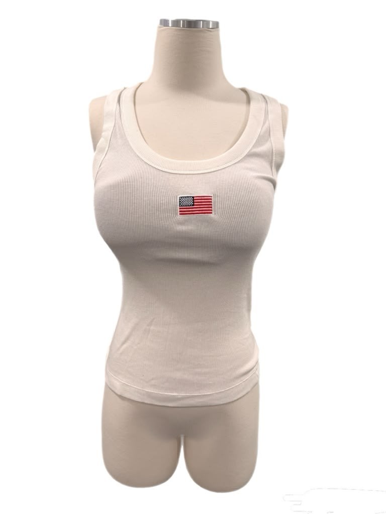 Universal Threads American Flag White Ribbed Fitted Tank Top Full Length M Size