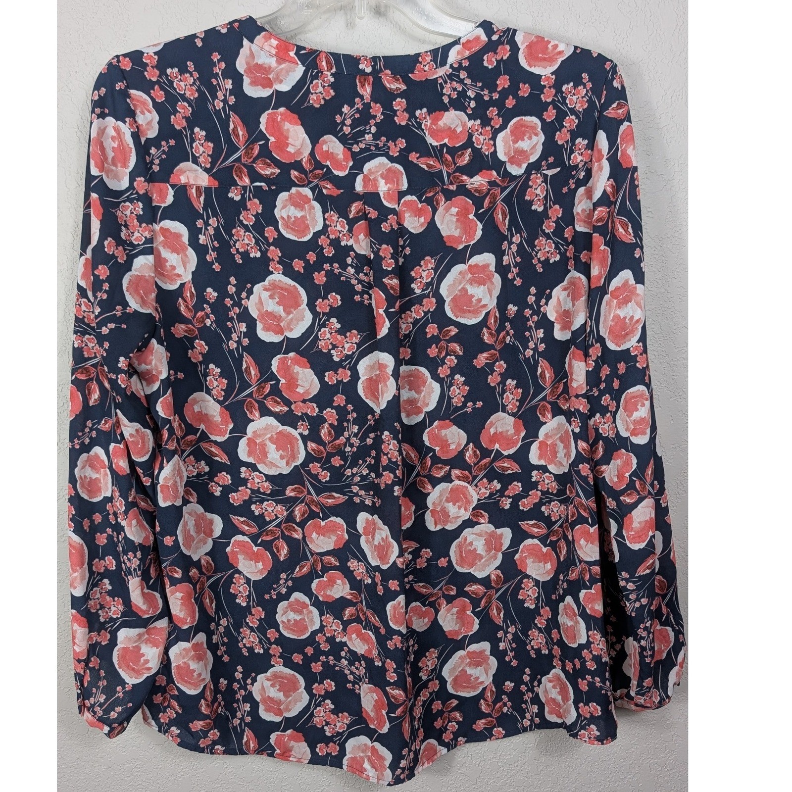 Adrianna Papell XL Blouse Floral Print Long Sleeve Split Neck Top Navy Blue Pink