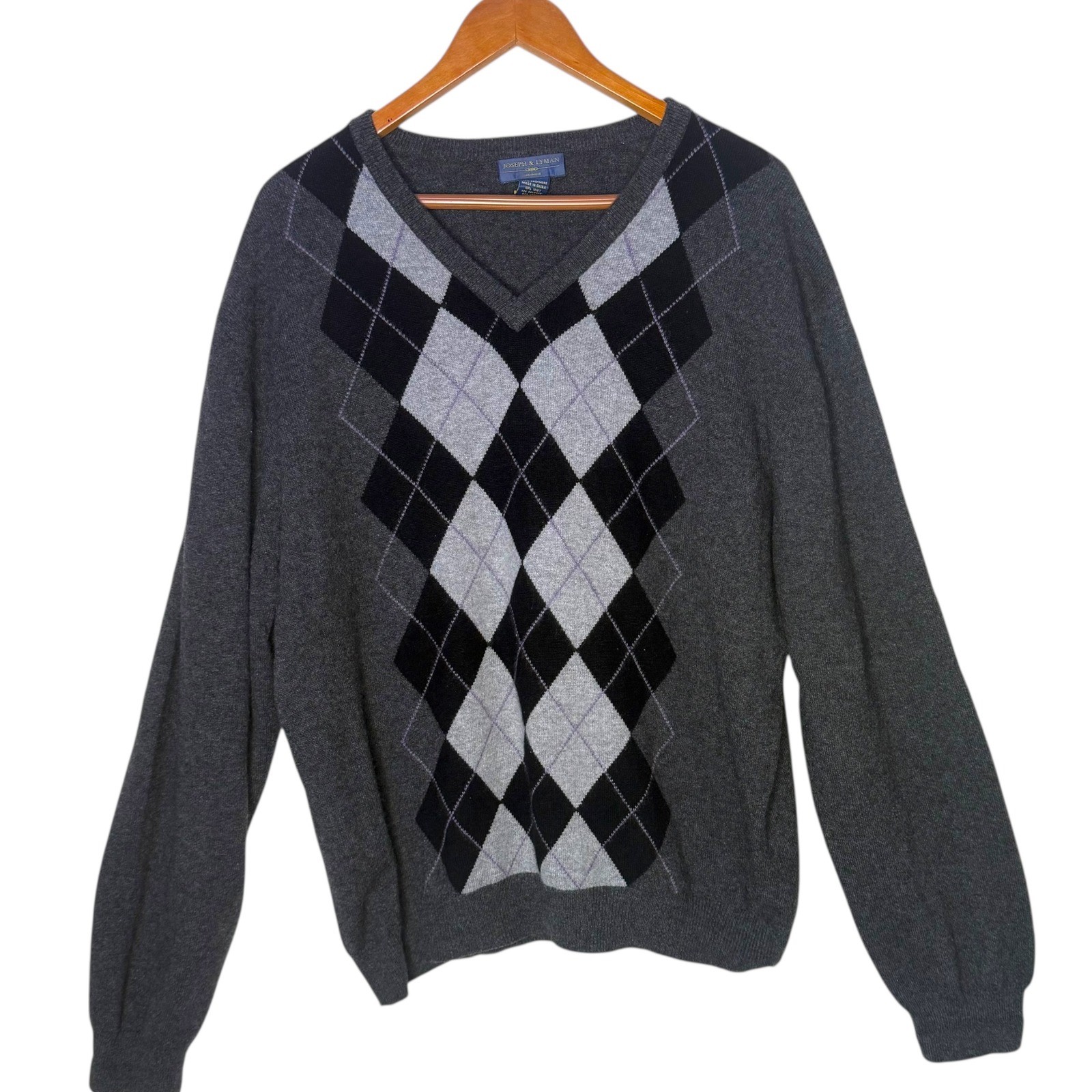 Joseph & Lyman 100% Cashmere Argyle Sweater Men XXL V Neck Pullover Preppy