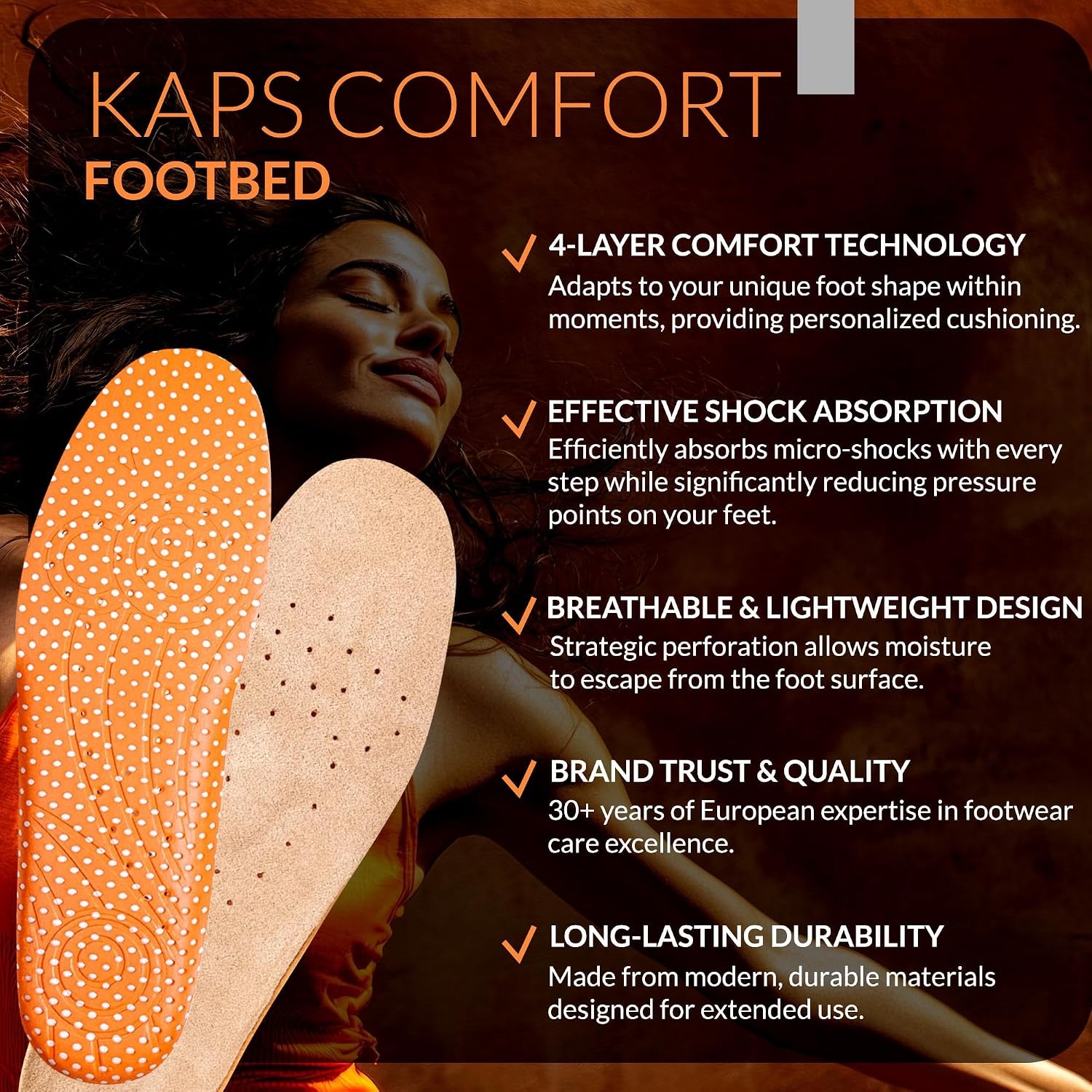KAPS Comfort Footbed Insoles – 4-Layer Memory Foam Insoles with Arch Support for