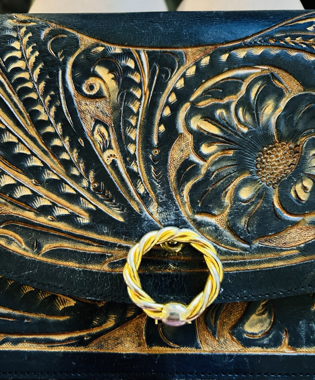 Navy Blue Hand Tooled Leather Purse Flowers Southwestern Bohemian Mautto Strap