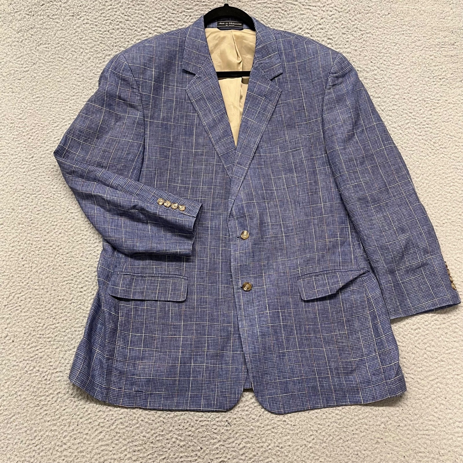 Haspel Linen Blazer Mens 44 Blue Plaid Unstructured Retro Heritage Preppy