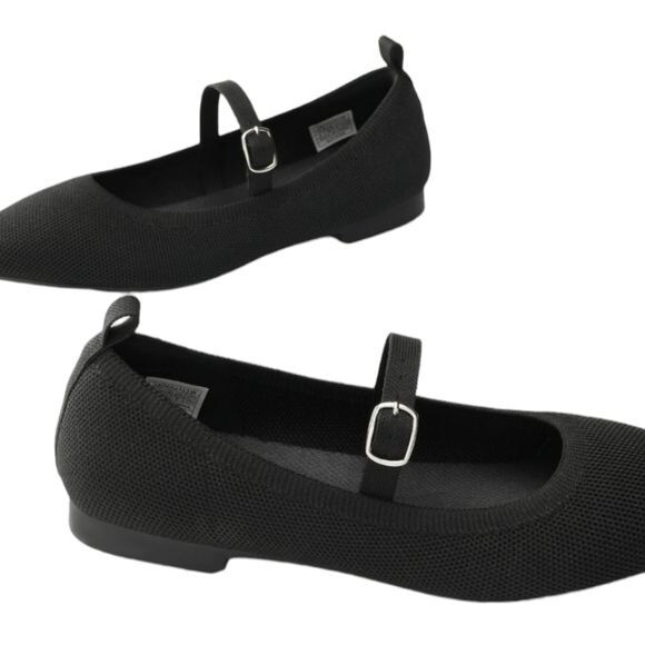 Burudani Black Knit Mary Jane Flats Women’s Size 10 Comfort Slip-On Shoes Pointy