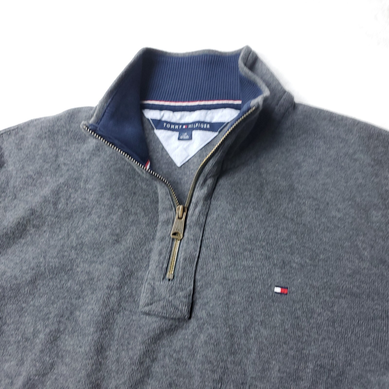 Tommy Hilfiger Sweater Mens L Large Gray Pullover Zip Up Cotton Casual Preppy
