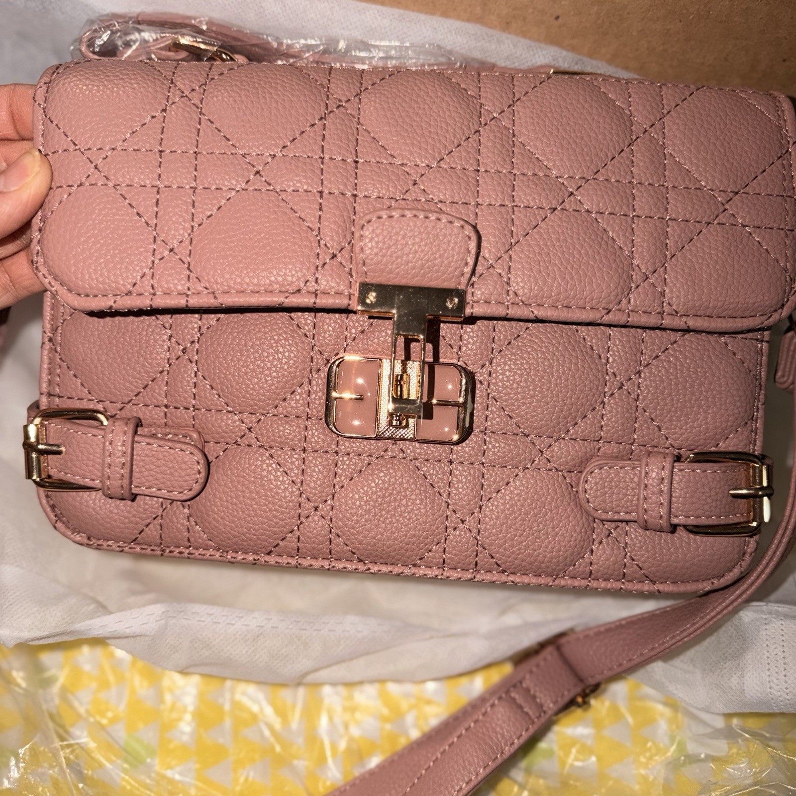 Jolene Couture Pink Quilted Satchel Top Handle Bag Buckle Accent Turn Lock