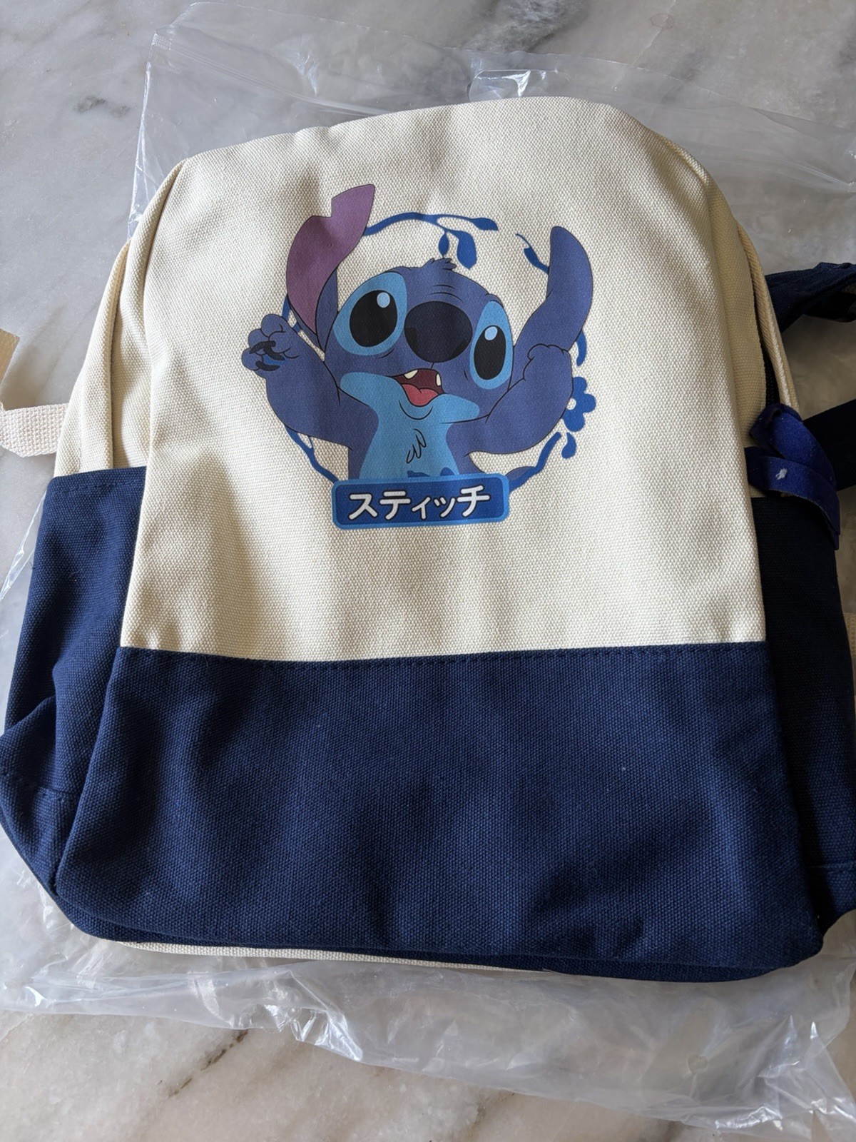 Disney Stitch Canvas Colorblock Backpack Beige/Navy Small Zip Adjustable