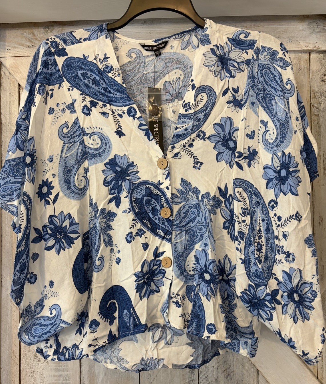 Unique Spectrum Blue White Floral V Neck Blouse Boho Flowy Top NWT Size Small