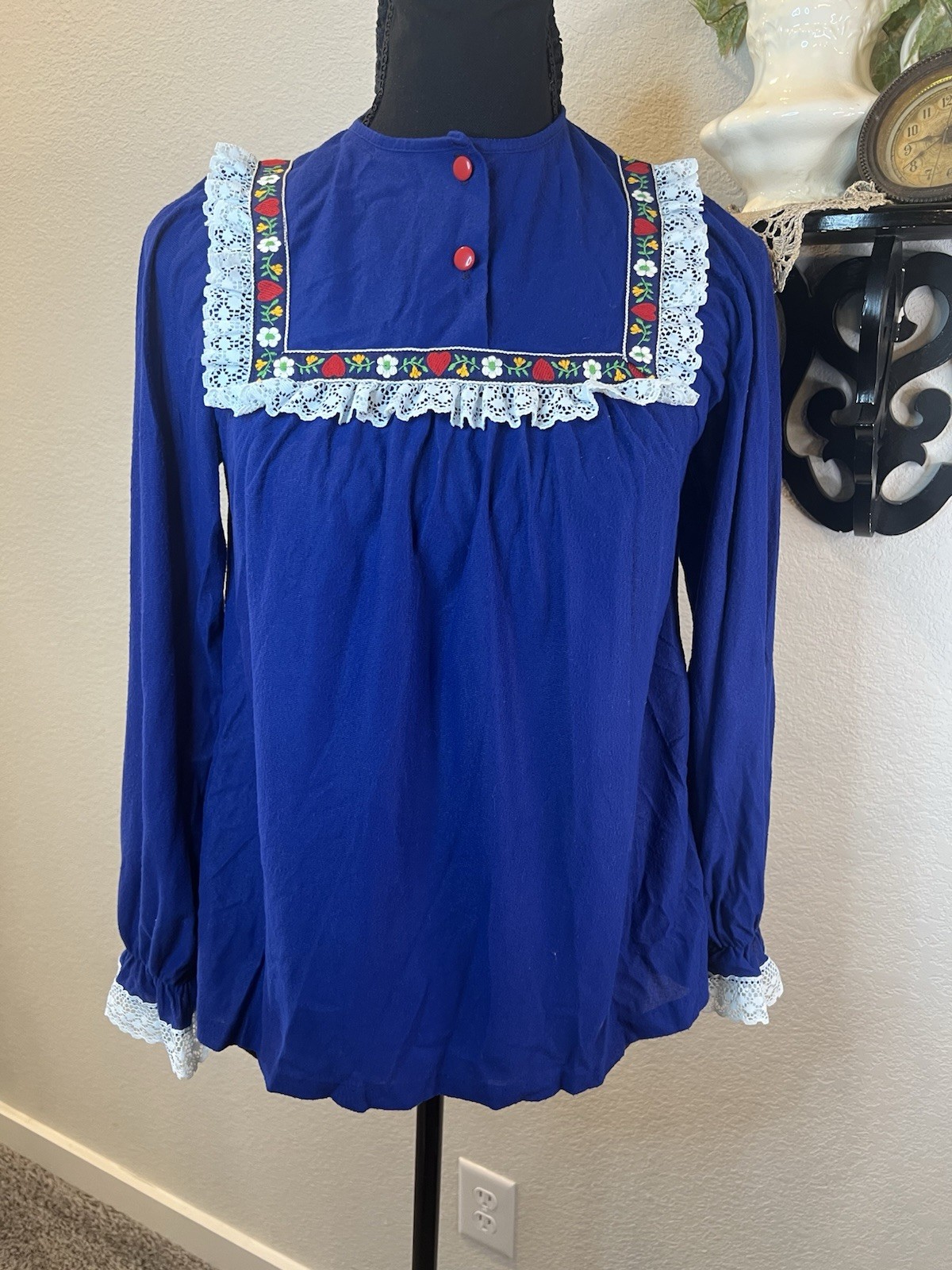 Jennifer Dale Vintage 60s 70s Blue Peasant Hippie Ribbon Ruffle Lace Blouse Sz 7