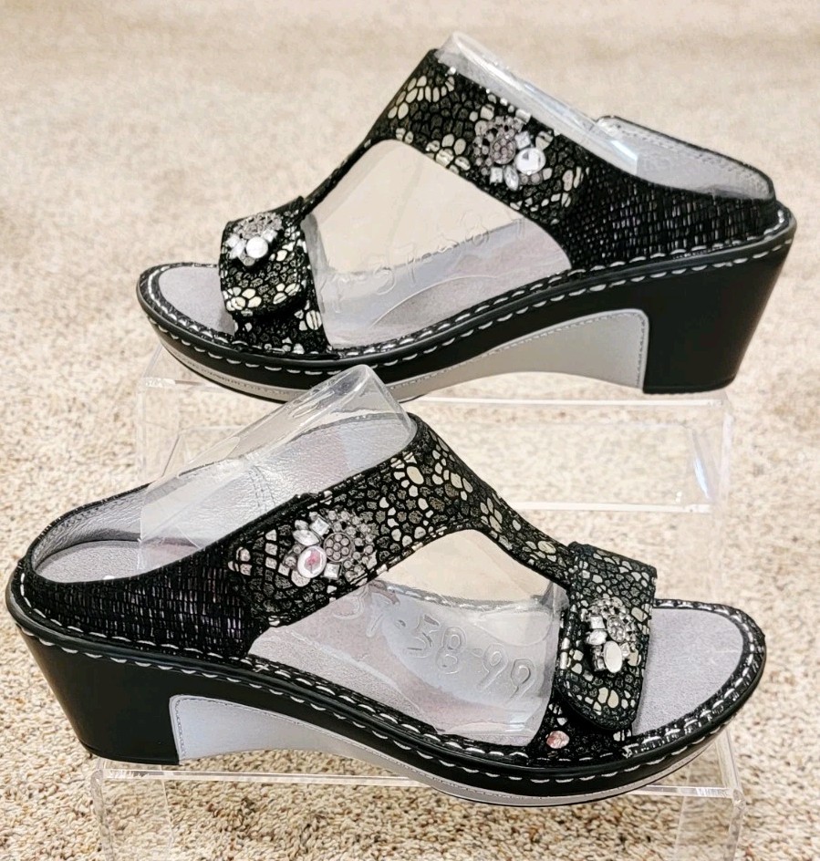 Womens Alegria Lara Black Pewter Mosaic Leather Lar780 Wedge Slides Sandals 6 36