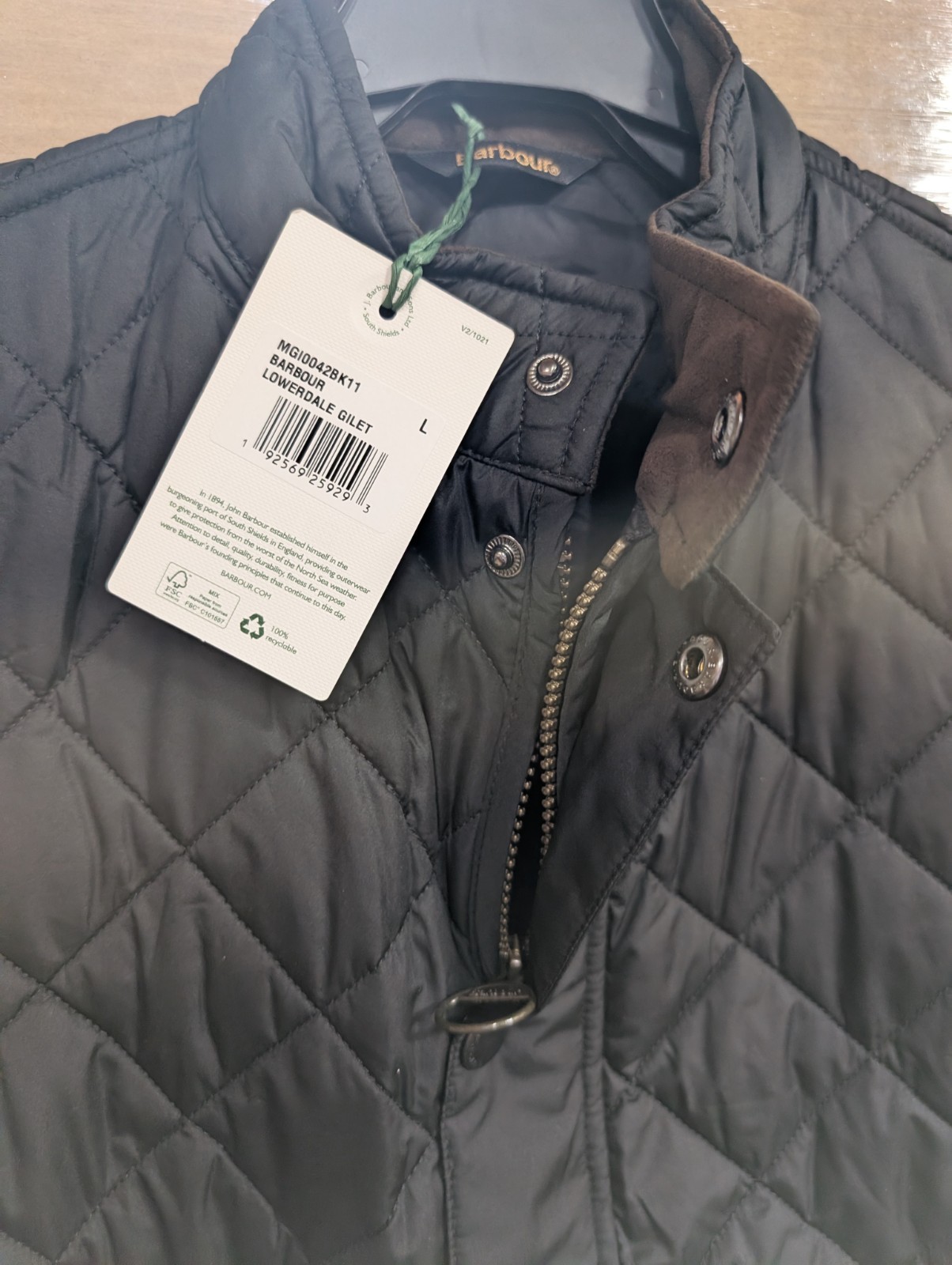 Barbour Men’s Black Lowerdale Quilted Gilet Full Zip Vest Sz Lg