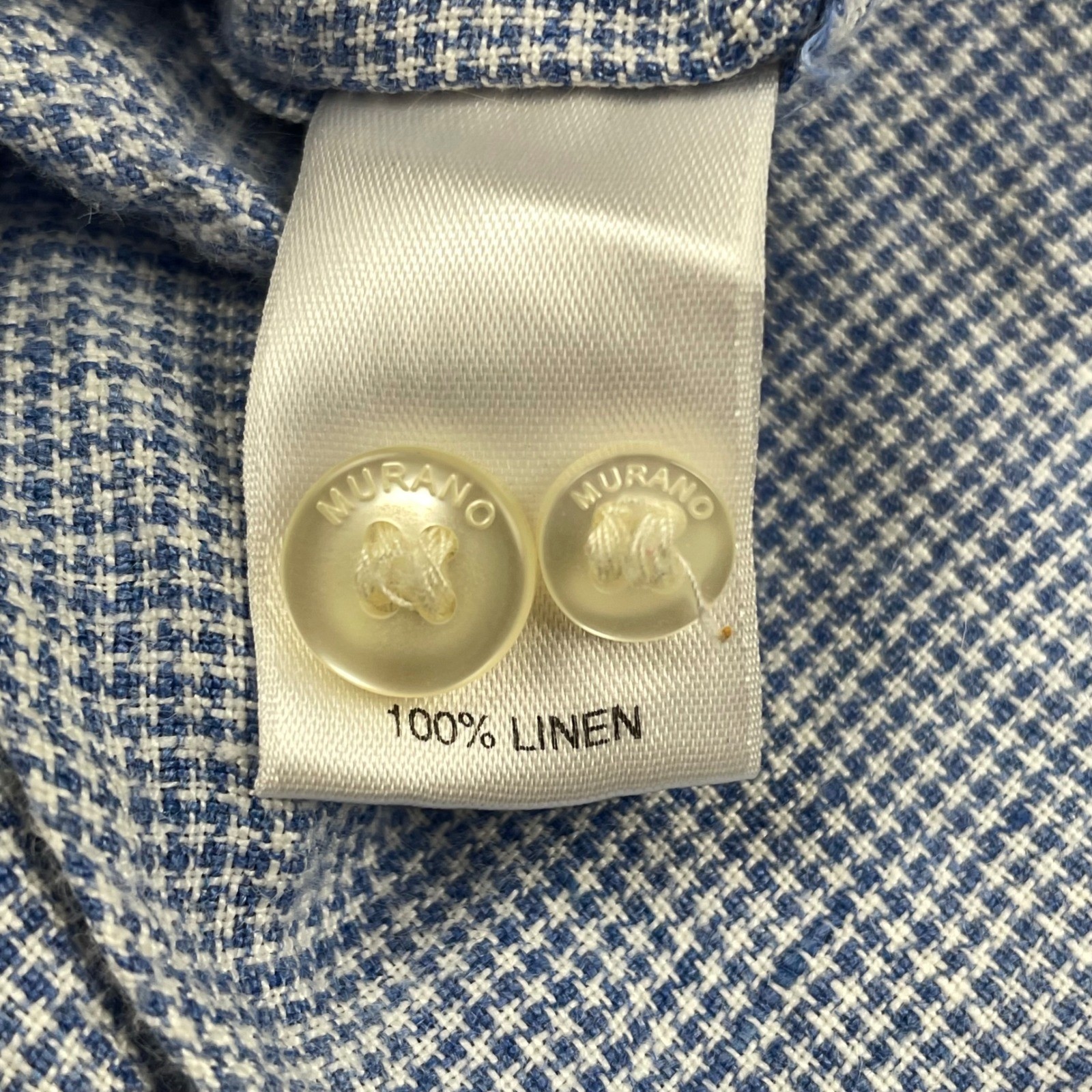 Murano Baird Mcnutt Shirt MensMedium Slim Fit Blue Linen Houndstooth Band Collar