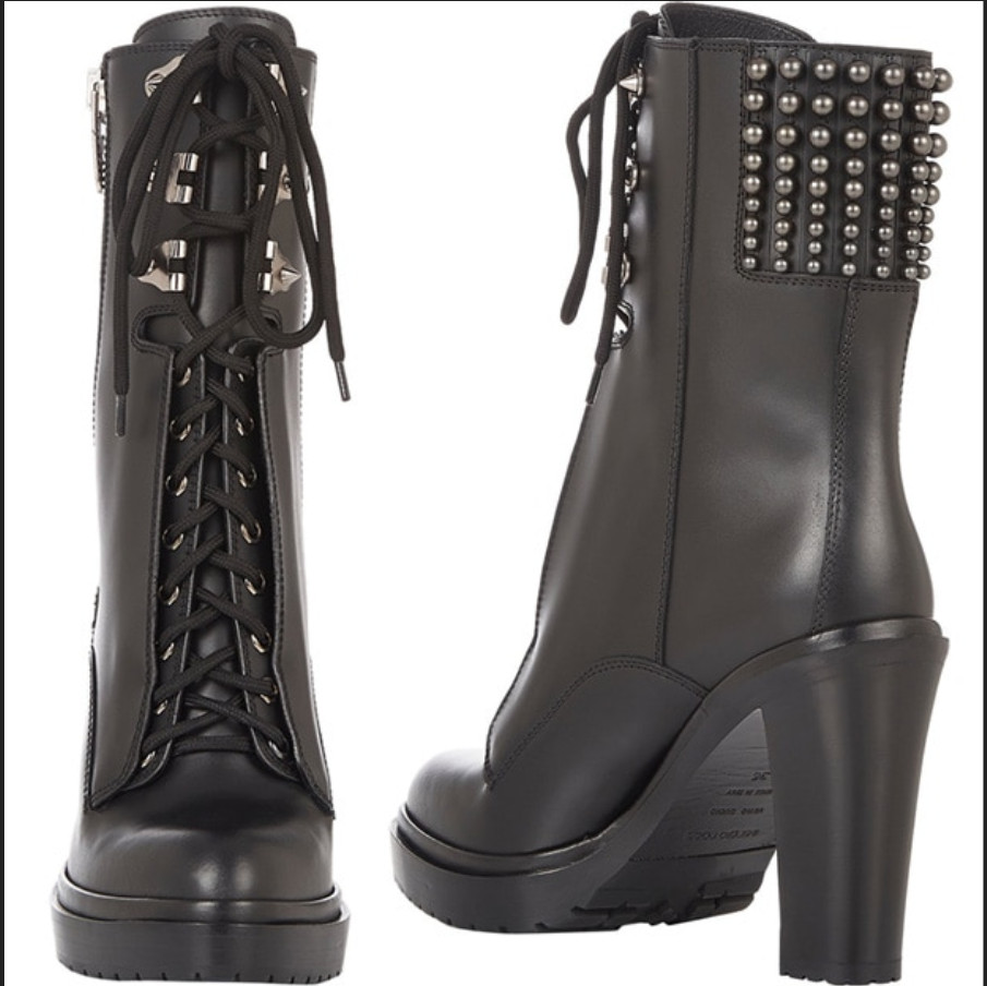 41/11❤️$1300 SERGIO ROSSI BLACK LEATHER HIGH HEEL BIKER COMBAT BOOTIE MADE ITALY