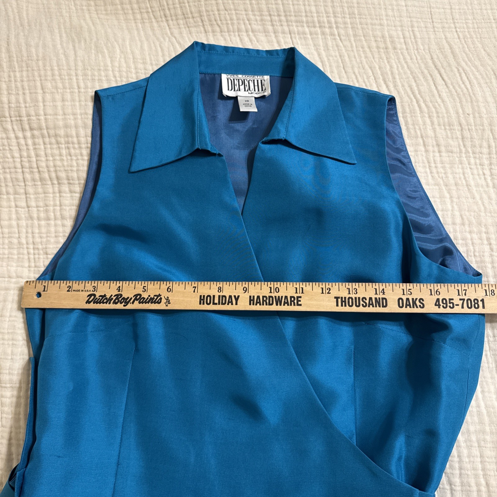 Yves Cossette Depeche Mode Womens Blouse Wrap Around Sleeveless Silk SZ 10 blue