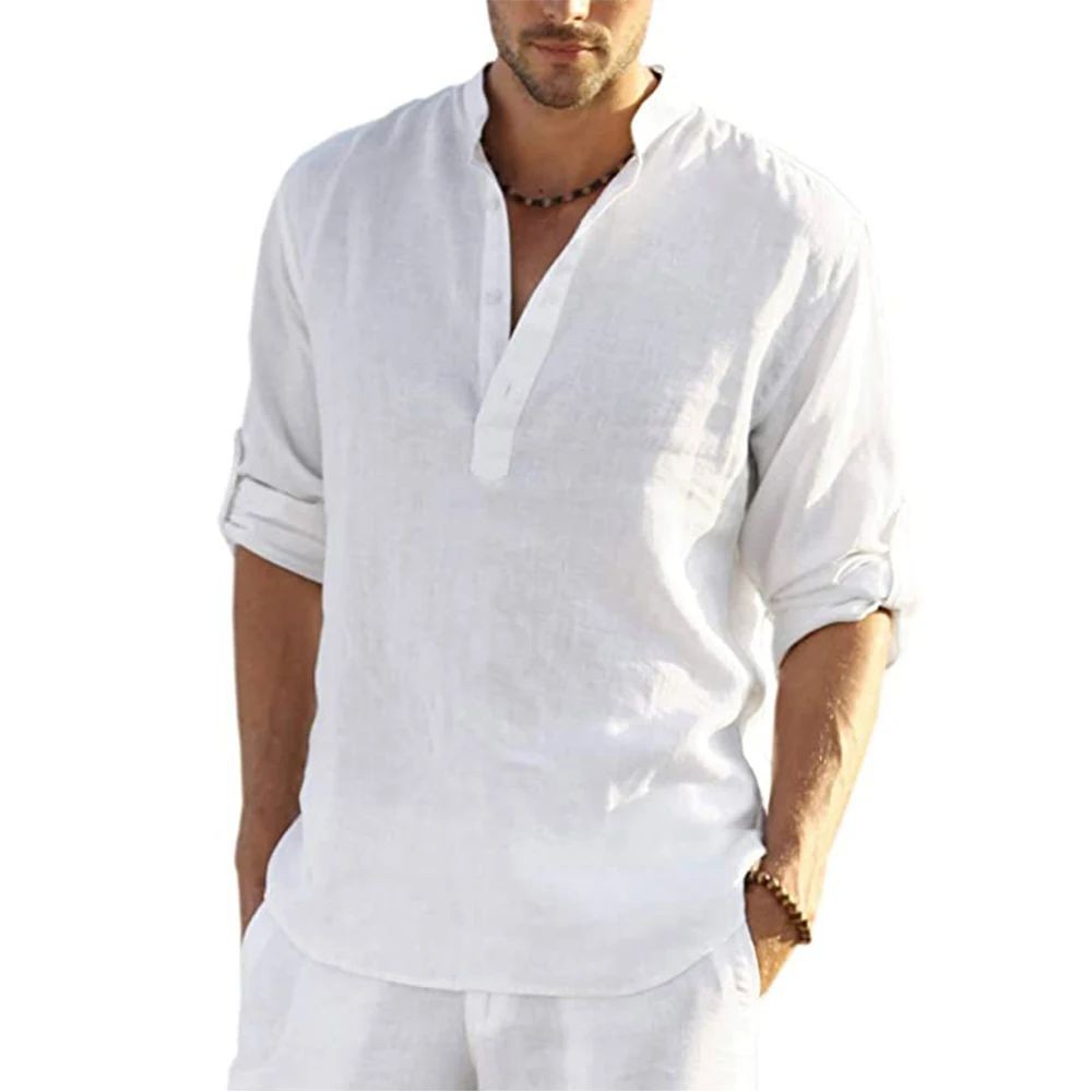 Men’s Cotton Linen Shirt Stand Collar Long Sleeve Casual Pullover Top