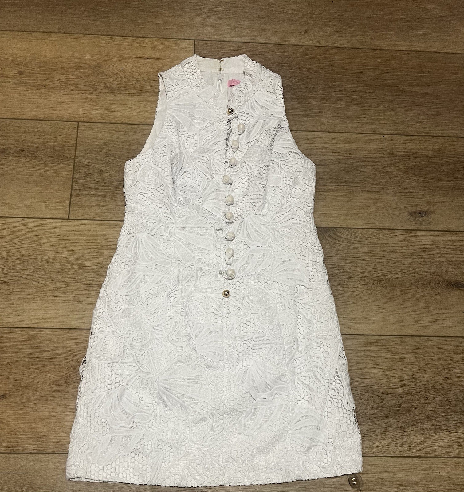 Lilly Pulitzer Alexa Shift Dress White Under The Sea Lace Gold Buttons Size8 NEW