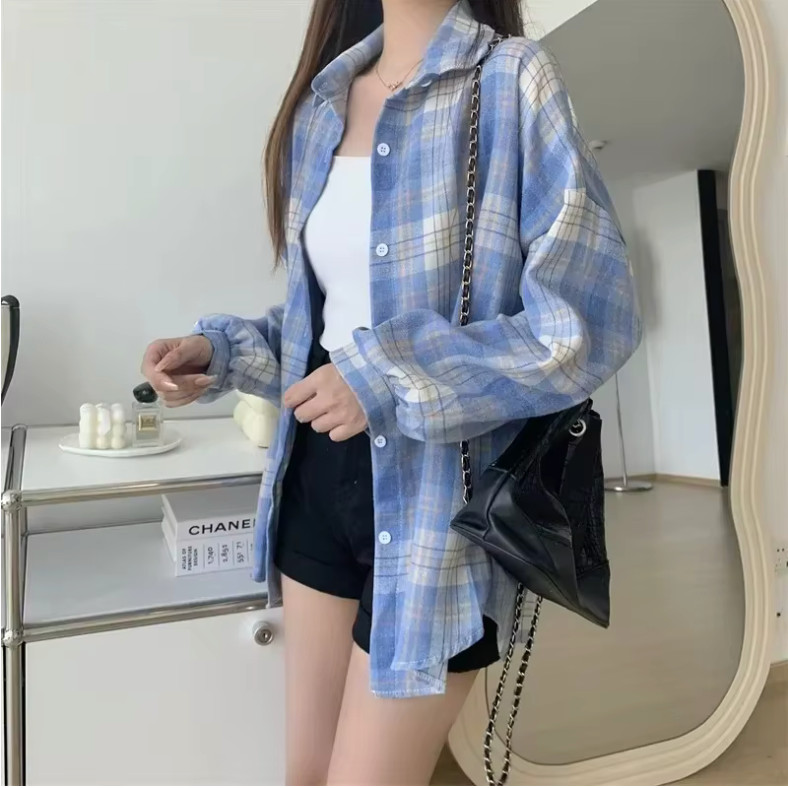Womens Oversized Plaid Flannel Shirt Long Sleeve Button Down Check Blouse Top