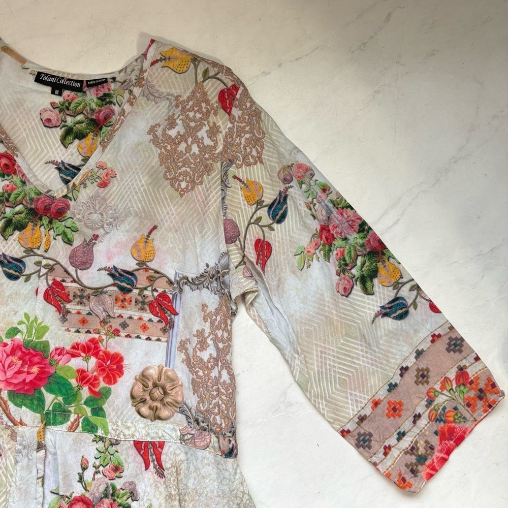 Tolani Size Medium Ivory Multicolor Floral Asymmetric Hem Tunic Top Fairy Travel