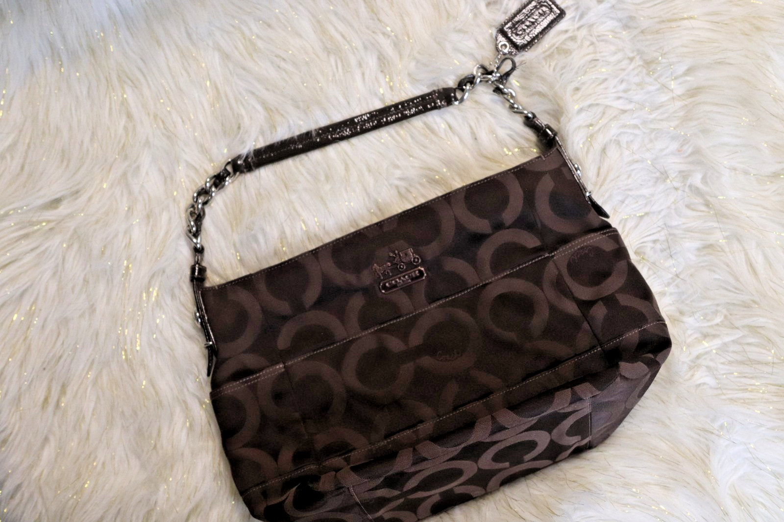 🍫 Authentic Coach Brown “C” Logo Monogram Hobo Shoulder Bag -Chain Strap Detail