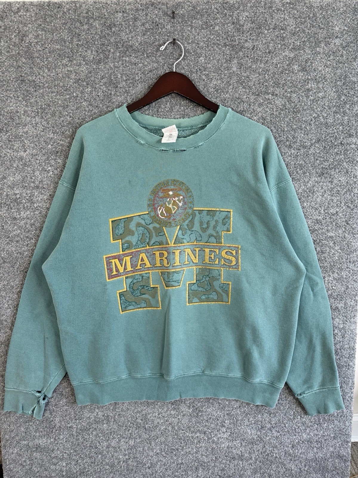 Vintage USMC Marine Corps Sweatshirt Sz XL Teal 90s USA Military Distressed Camo