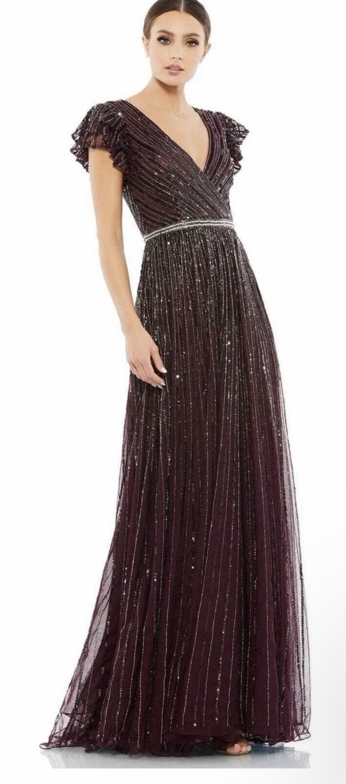 MacDuggal Burgundy Wine Sequin Beaded Flutter Sleeve Evening Gown Dress Sz12 NWT