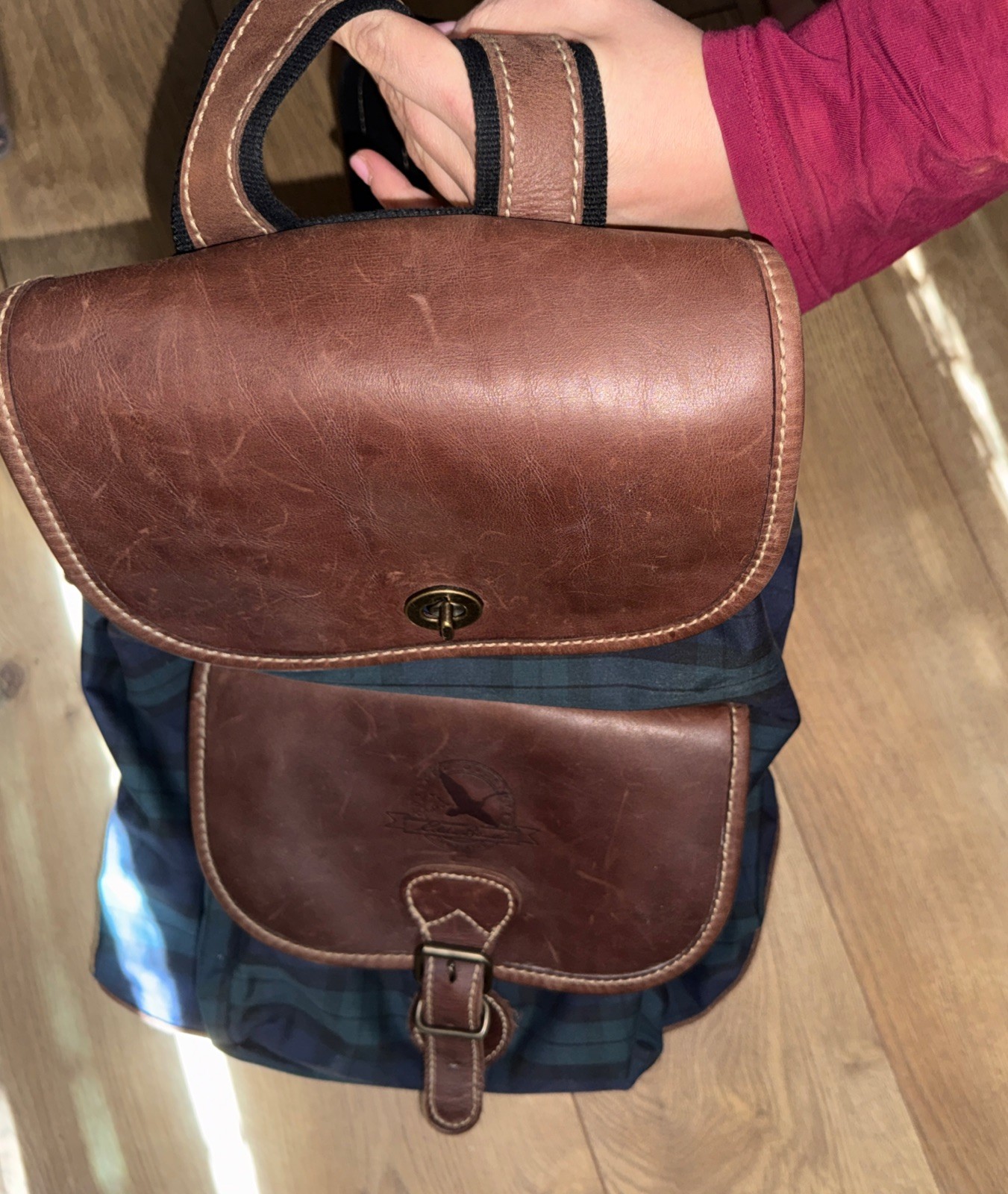 Vintage Eddie Bauer Leather Plaid Turn Lock Large Daypack Rucksack Backpack Rare