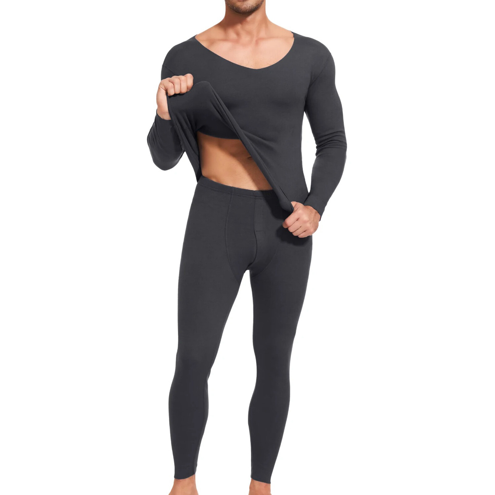 Men Thermal Warm Underwear V Neck Soft Fleece Lined Long Johns Set Top & Bottom