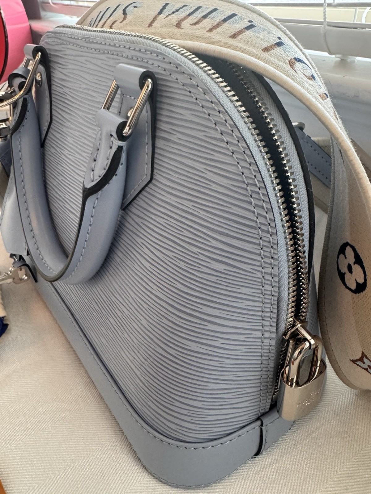 Louis Vuitton Alma Top Handle Bag BB Light Blue Epi Zip w/ Strap & Lock
