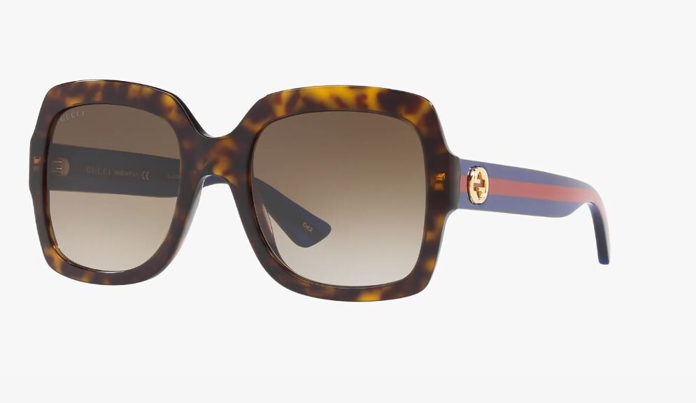 Gucci GG0036SN Havana Wide High Bridge Fit Rectangle Sunglasses Stripe Oversized