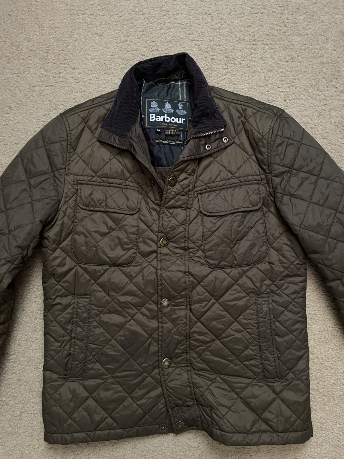 Barbour Men’s Olive Quilted Jacket Corduroy Collar Snap Front Size M