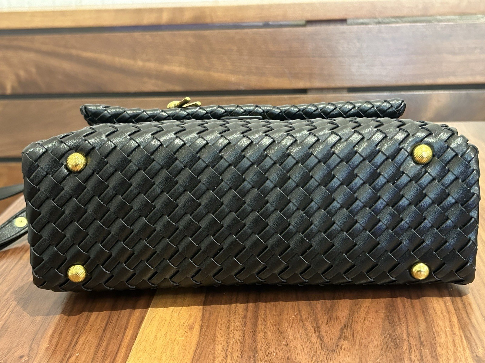 Women’s Black Woven Satchel Top Handle Turn Lock, Detachable Strap Gold Hardware