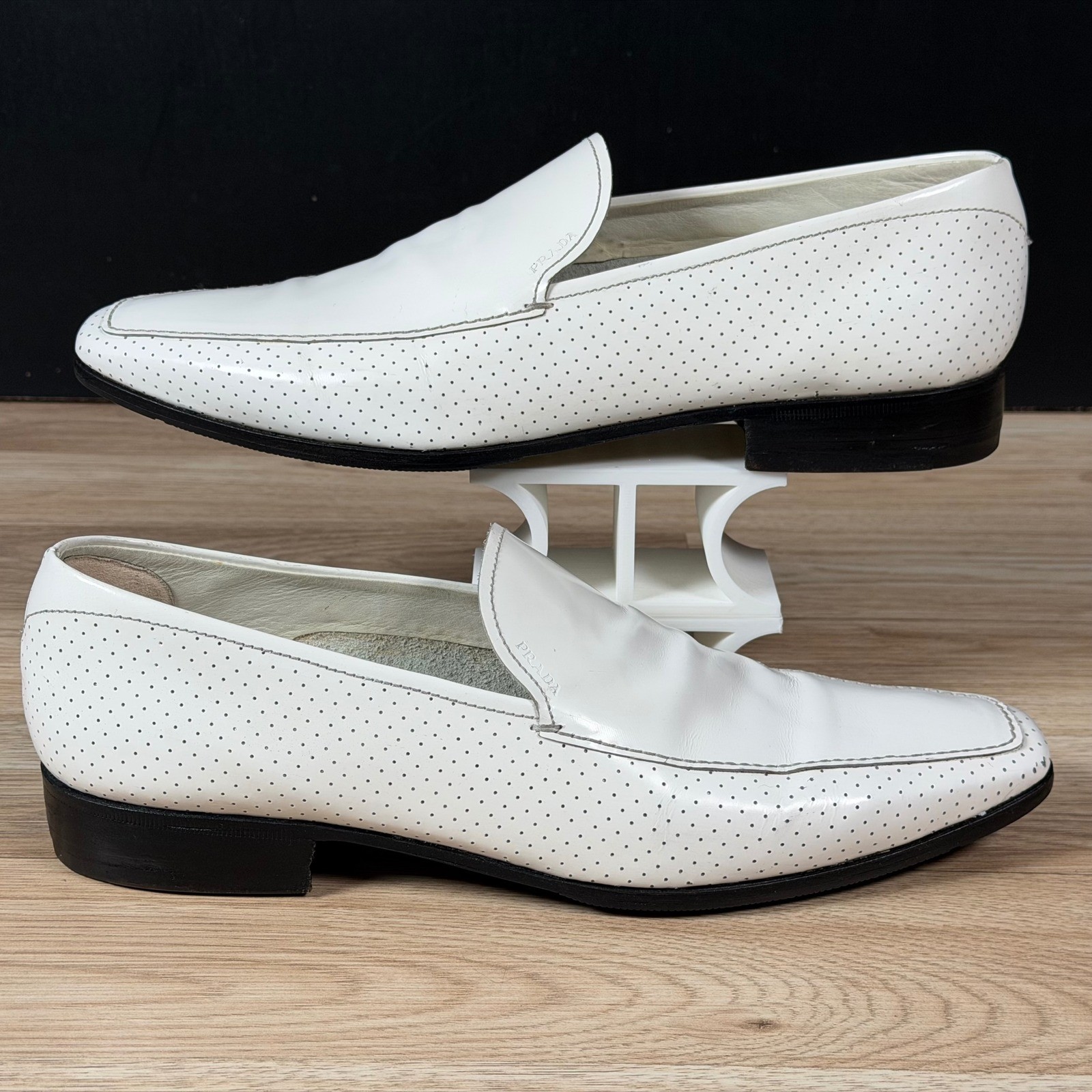 Prada Loafers Mens Size 9.5 White Perforated Leather Square Toe Shoes Italy