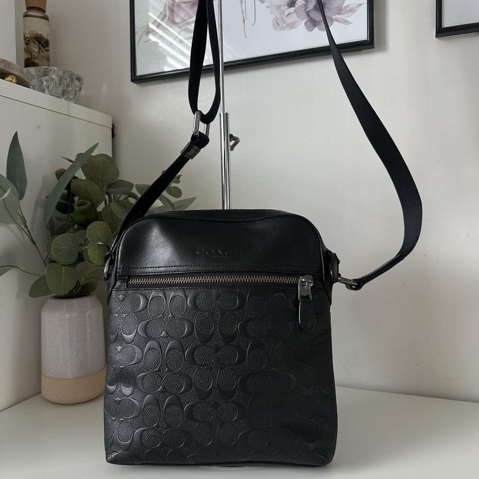 Coach Houston Flight Bag in black signature embossed leather Messenger Crossbody