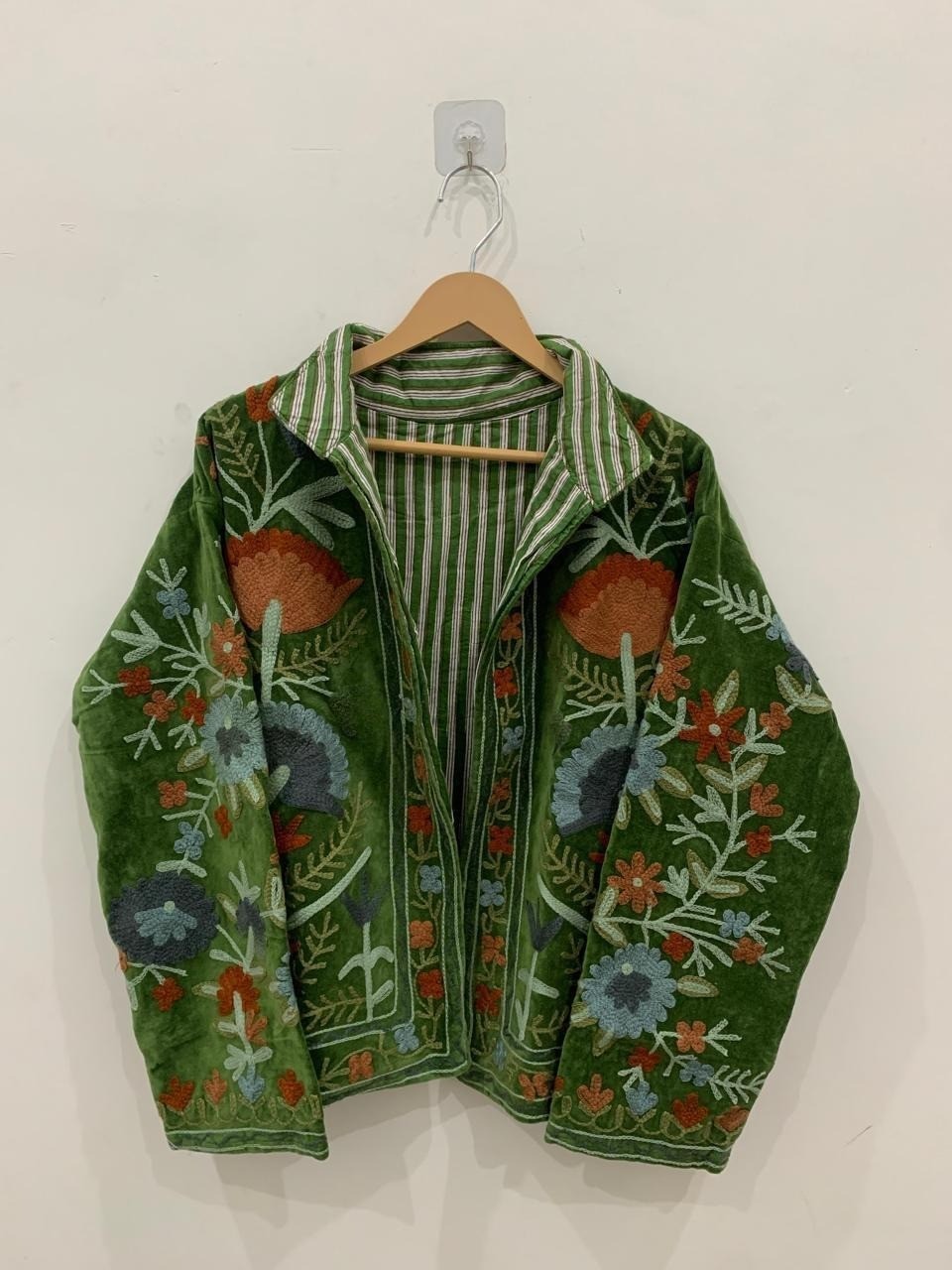Handmade Green Velvet Suzani Jacket Floral Embroidery Bohemian Wear