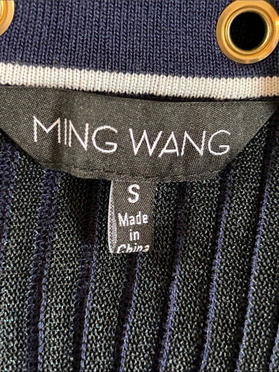 Ming Wang Navy Ribbed Cardigan with White Trim and Gold hardware, small