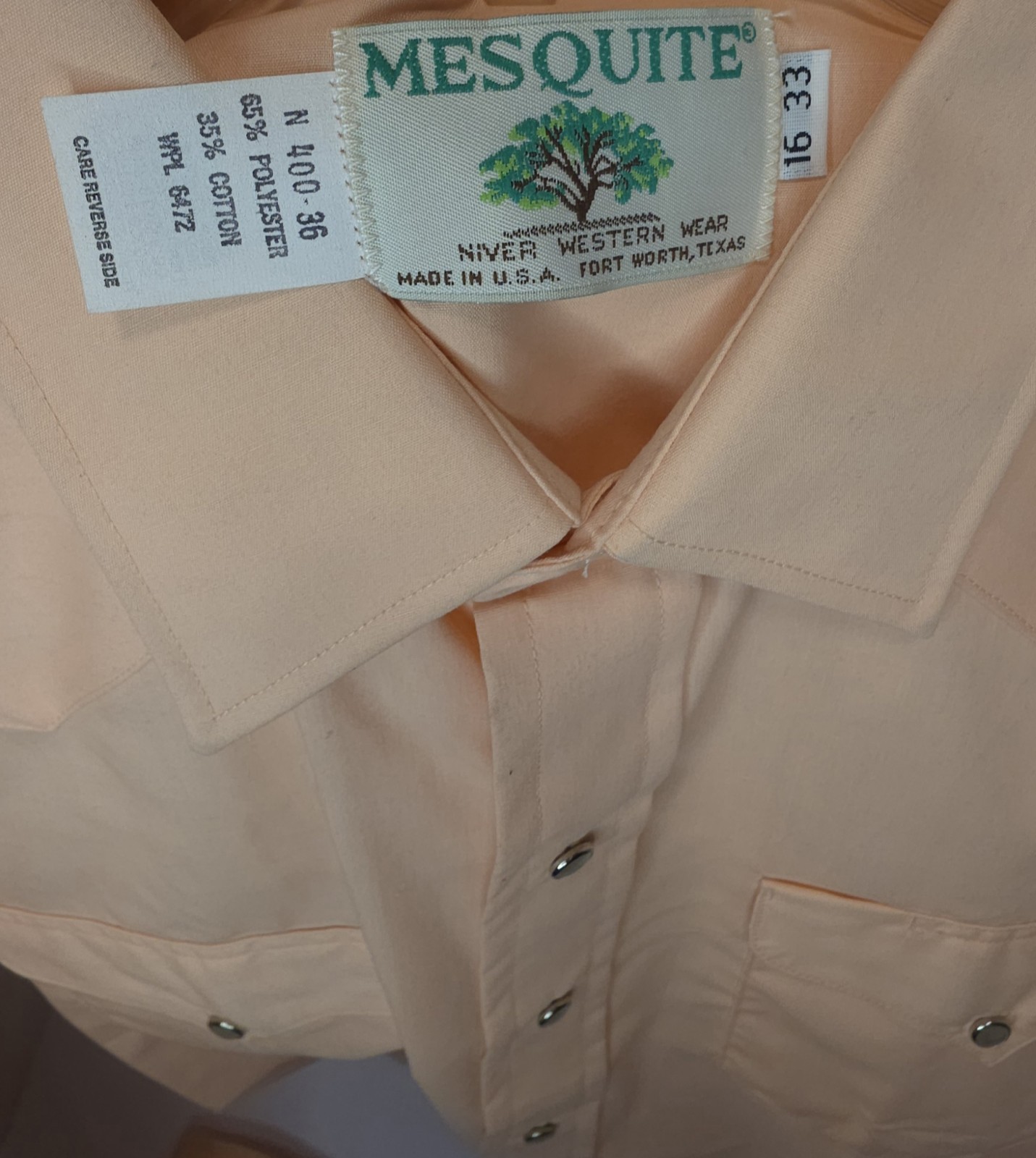 Vintage 90s NEW Mesquite Mens Peach Western Cowboy Snap Shirt 16-33 Made in USA