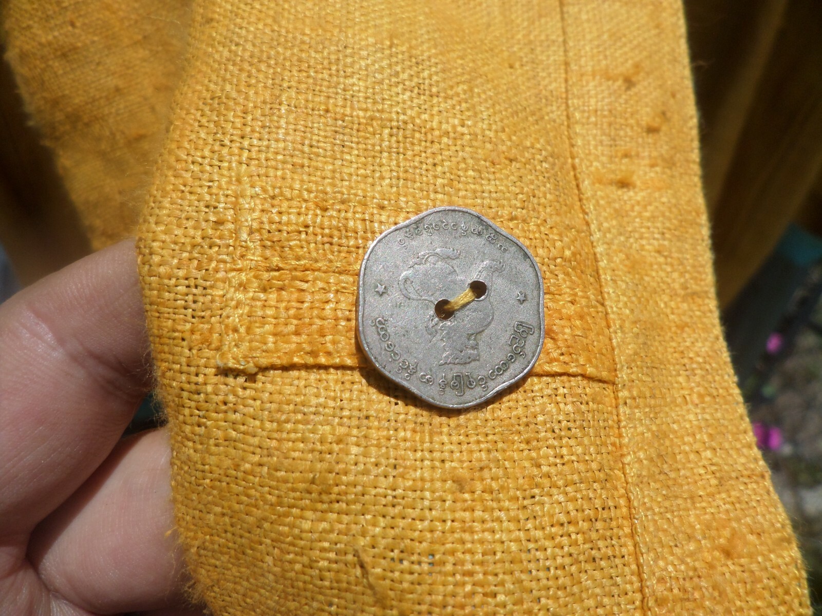 Vintage Hmong Embroidered reversible jacket buttons are Myanmar currency Rare