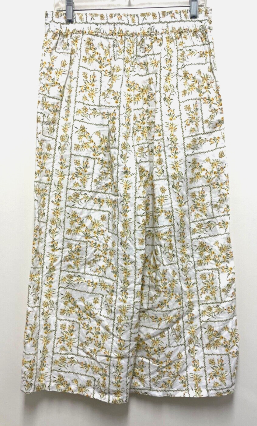 JOIE LINEN PANTS-White, Full Leg, Elastic Back Waistband, Green/Yellow Floral, M